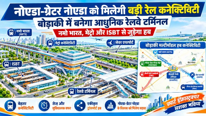 Breaking News बोड़ाकी में बनेगा ग्रेटर नोएडा का आधुनिक रेलवे टर्मिनल, 46 हेक्टेयर में 12 प्लेटफॉर्म; मेट्रो, ISBT और प्रस्तावित नमो भारत कॉरिडोर से जुड़ेगा, प्रस्तावित गाजियाबाद-जेवर नमो भारत कॉरिडोर से जोड़ने की योजना 