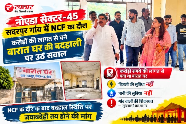 Noida News नोएडा सेक्टर-45 सदरपुर गांव में NCF का दौरा, करोड़ों की लागत से बने बारात घर की बदहाली पर उठे सवाल; बिजली-पानी की सुविधा नहीं होने की शिकायत