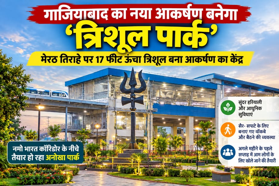 Ghaziabad Trishul Park: नमो भारत कॉरिडोर के नीचे बनेगा गाजियाबाद का नया आकर्षण, मेरठ तिराहे पर 17 फीट ऊंचा त्रिशूल; अगले महीने आम लोगों के लिए खुलेगा पार्क, मेरठ तिराहे पर नगर निगम करा रहा पार्क का निर्माण