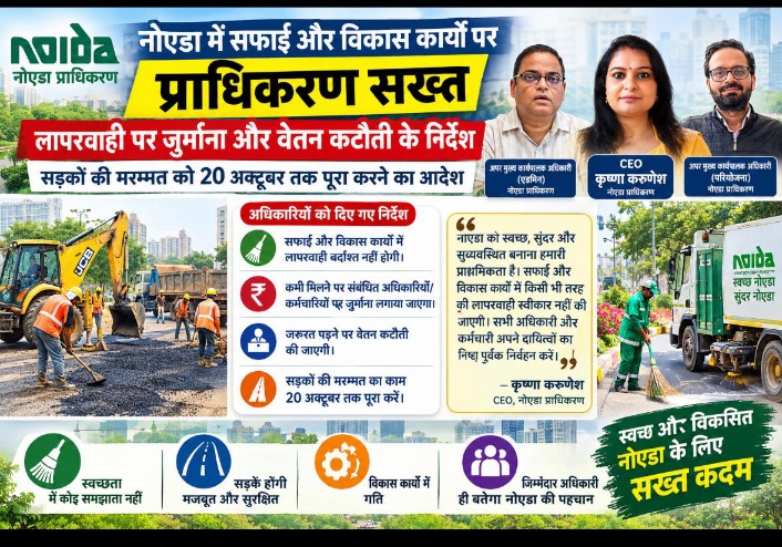 Noida News: नोएडा में सफाई और विकास कार्यों पर प्राधिकरण सख्त, लापरवाही पर जुर्माना और वेतन कटौती के निर्देश; सड़कों की मरम्मत 20 अक्टूबर तक पूरी करने का आदेश
