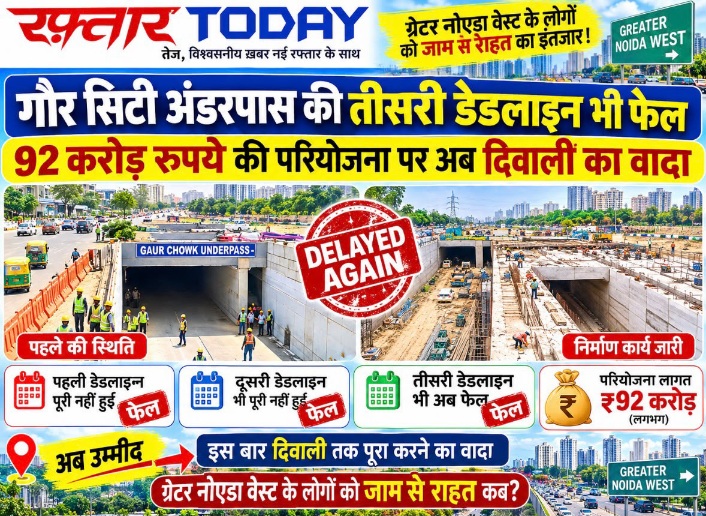 Gaur City Underpass Update: गौर सिटी अंडरपास की तीसरी डेडलाइन भी फेल, 92 करोड़ रुपये की परियोजना पर अब दिवाली का वादा; ग्रेटर नोएडा वेस्ट को जाम से राहत का इंतजार