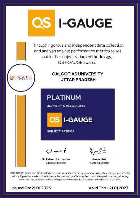 Galgotia University News : "पत्रकारिता और जनसंचार में गलगोटियास विश्वविद्यालय को क्यूएस आई-गेज प्लेटिनम रेटिंग से सम्मानित, मीडिया शिक्षा के क्षेत्र में रचा नया इतिहास"