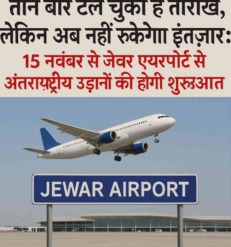 Jewar Airport News : तीन बार टल चुकी है तारीख, लेकिन अब नहीं रुकेगा इंतज़ार, 15 नवंबर से जेवर एयरपोर्ट से अंतरराष्ट्रीय उड़ानों की होगी शुरुआत!, निर्माण की रफ्तार तेज़, हर दिन 2500 से ज्यादा मज़दूर कर रहे काम, घरेलू और कार्गो टर्मिनल सितंबर में होंगे शुरू