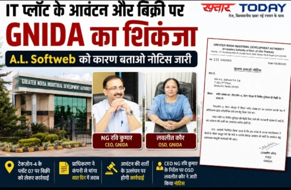 Greater Noida Authority News : IT प्लॉट के आवंटन और बिक्री पर GNIDA का शिकंजा, A.L. Softweb को कारण बताओ नोटिस जारी, टेकजोन-4 के प्लॉट संख्या-07 पर निर्मित यूनिट्स की बिक्री को लेकर प्राधिकरण ने मांगा जवाब, 7 दिन में लिखित स्पष्टीकरण नहीं देने पर कार्रवाई की चेतावनी, प्लॉट पर यूनिट्स बेचने की जानकारी, प्राधिकरण में नहीं कराई गई सूचना, प्राधिकरण के CEO NG रवि कुमार ने दिए निर्देश और OSD लवलीत कौर ने थमाया नोटिस