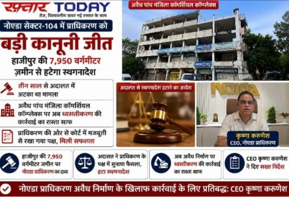 Noida Authority News : नोएडा सेक्टर-104 में प्राधिकरण को बड़ी कानूनी जीत, हाजीपुर की 7,950 वर्गमीटर जमीन से हटेगा स्थगनादेश, 3 साल से अदालत में अटका था मामला, अवैध पांच मंजिला कॉमर्शियल कॉम्प्लेक्स पर अब ध्वस्तीकरण की कार्रवाई का रास्ता साफ, 2002 में अधिग्रहित हुई थी जमीन, CEO कृष्णा करुणेश ने दिए सख्त निर्देश