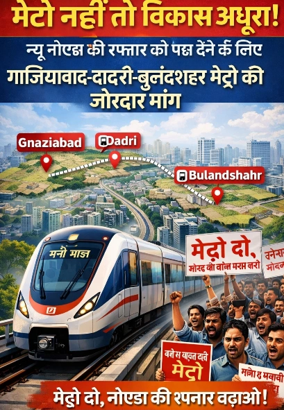 New Noida News : मेट्रो नहीं तो विकास अधूरा, न्यू नोएडा की रफ्तार को पंख देने के लिए गाजियाबाद-दादरी-बुलंदशहर मेट्रो की जोरदार मांग, सड़कें जाम, समय बर्बाद, संदेश साफ—मेट्रो चाहिए, विकास चाहिए